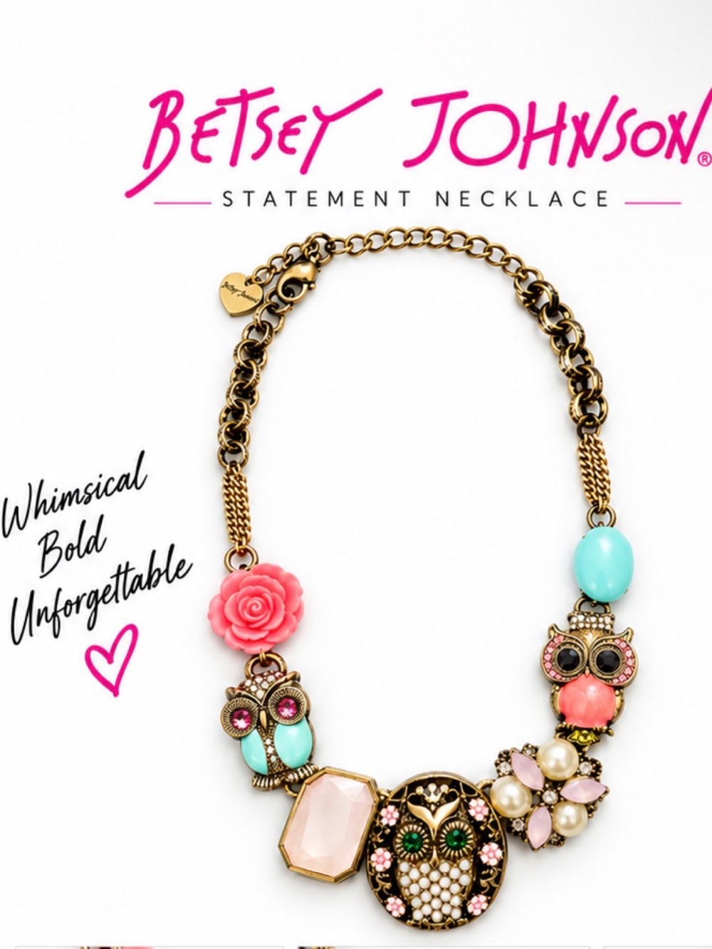 Betsey Johnson Owl Statement Necklace Gold & Pink